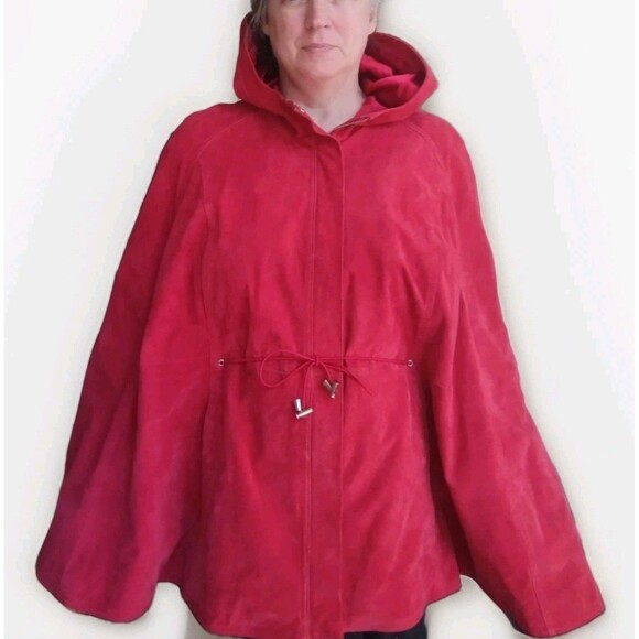 Red Suede Washable Full Zip Poncho / Cape W Pockets Drawstring & Hood One Size - Picture 4 of 15